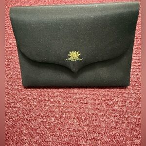 Vintage Caparros Black Satin Evening Clutch Gold Logo Y2K Glam Formal Purse
